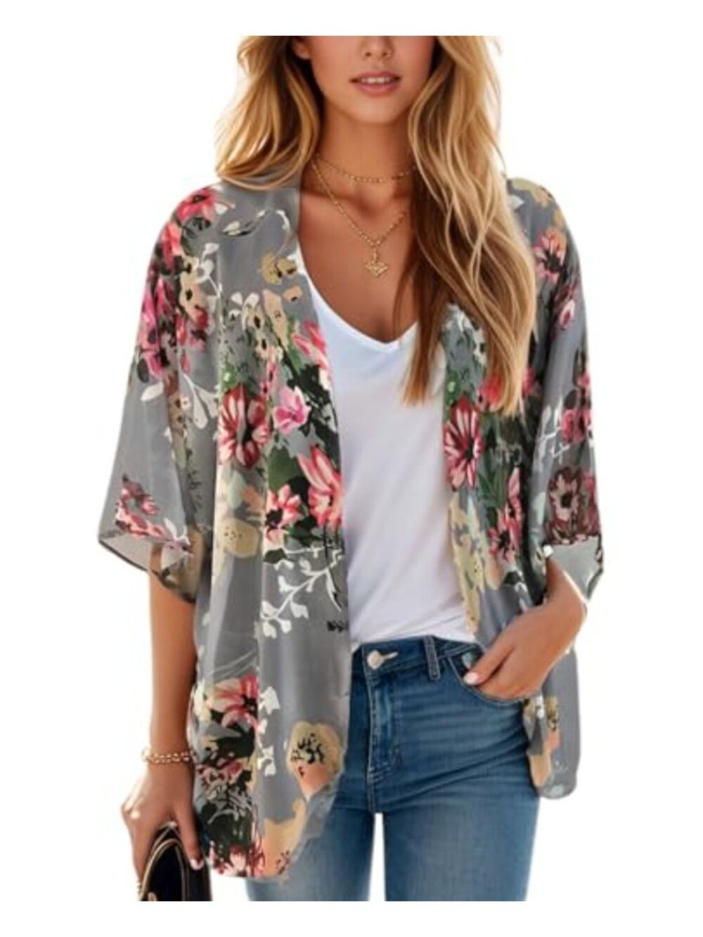 Womens Floral Kimono Cardigan Loose Beach Cover Up Lightweight 3/4 Sleeve